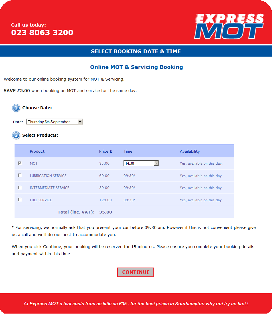 Our online booking system is used by Express MOT in Southampton